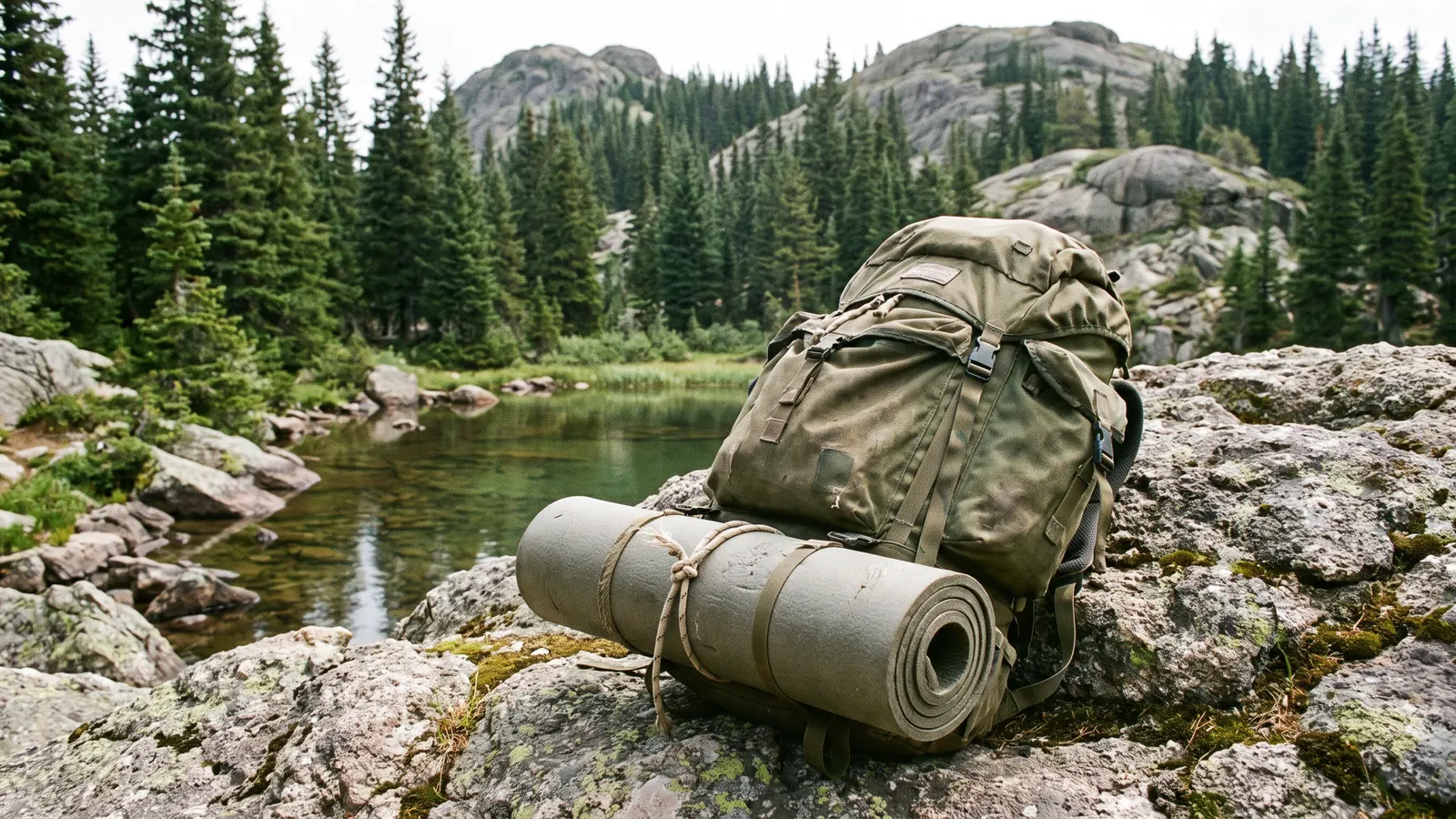 Backpacking gear beside a forested alpine lake