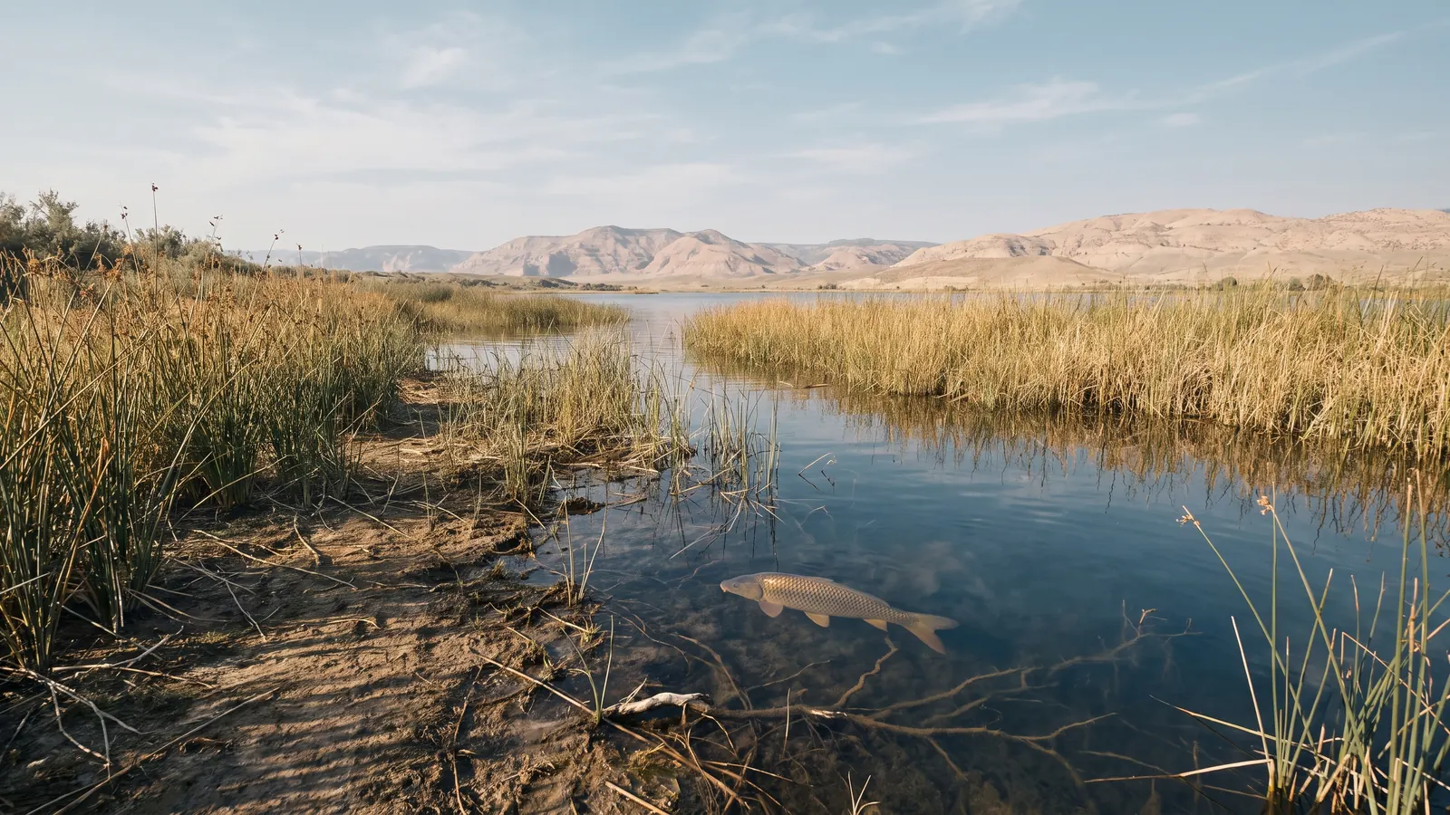 Carp moving through a reed-lined freshwater shallows