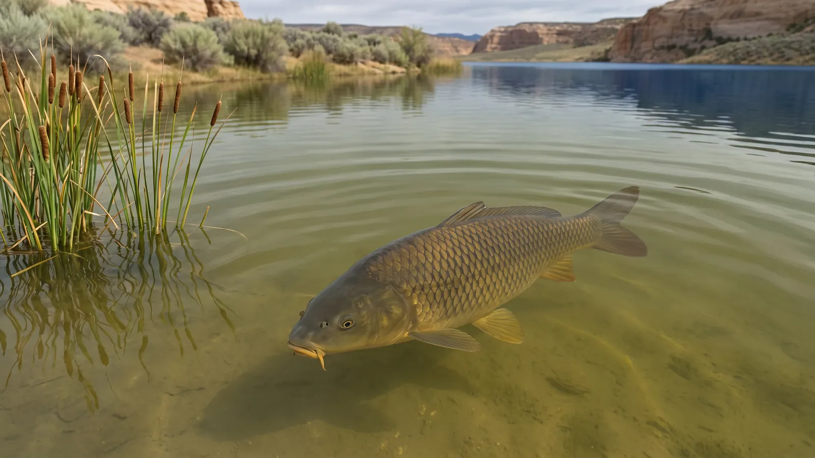 Common carp swimming in shallow water near reeds