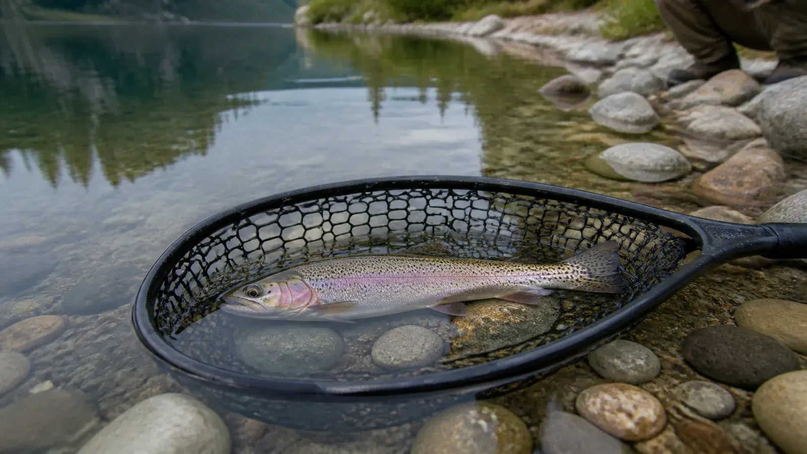 Rainbow trout supported in a submerged rubber landing net