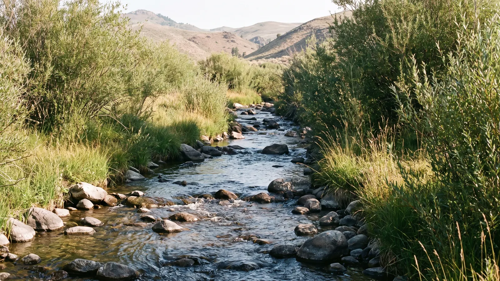Clear stream bordered by willows and healthy meadow grasses