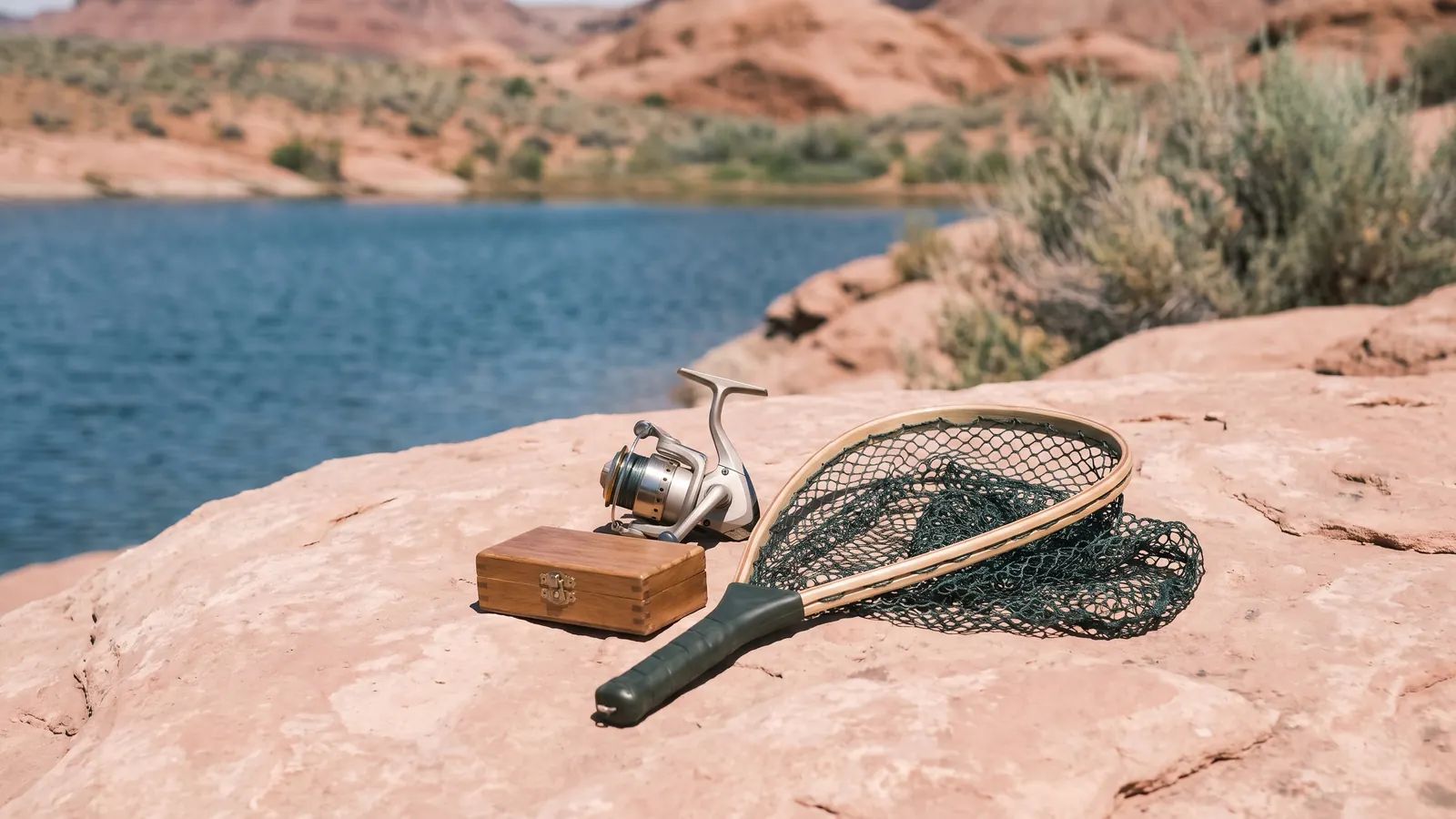 Trout fishing tackle on sandstone beside blue reservoir water