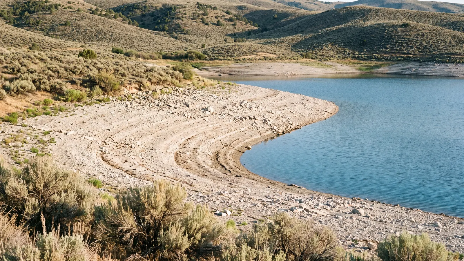 Exposed gravel shoreline beside a low-water reservoir