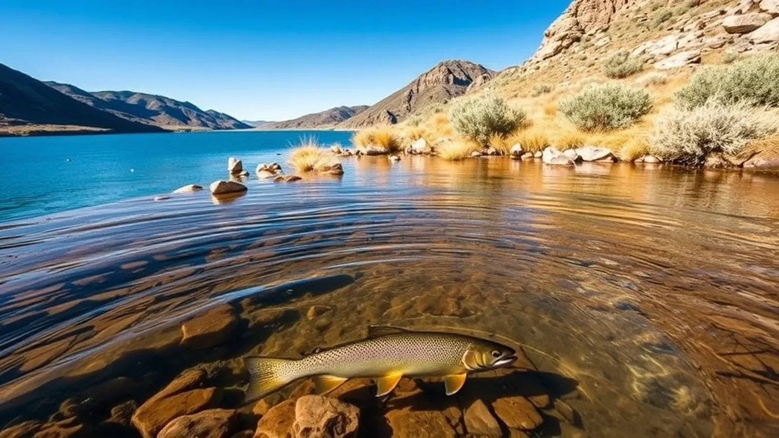 Cutthroat trout in clear shoreline water beside a rocky bank