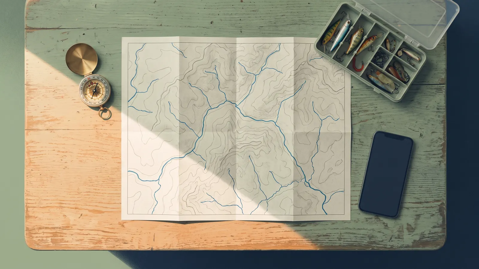 Map, compass, phone and tackle tray arranged for trip planning