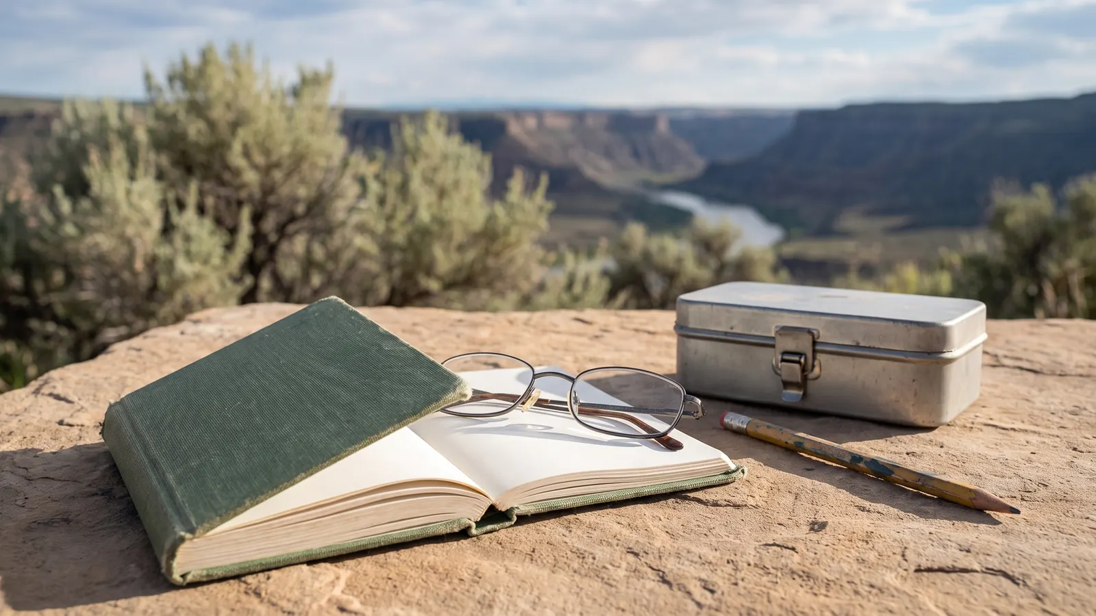 Pocket guide, reading glasses and tackle box in natural light