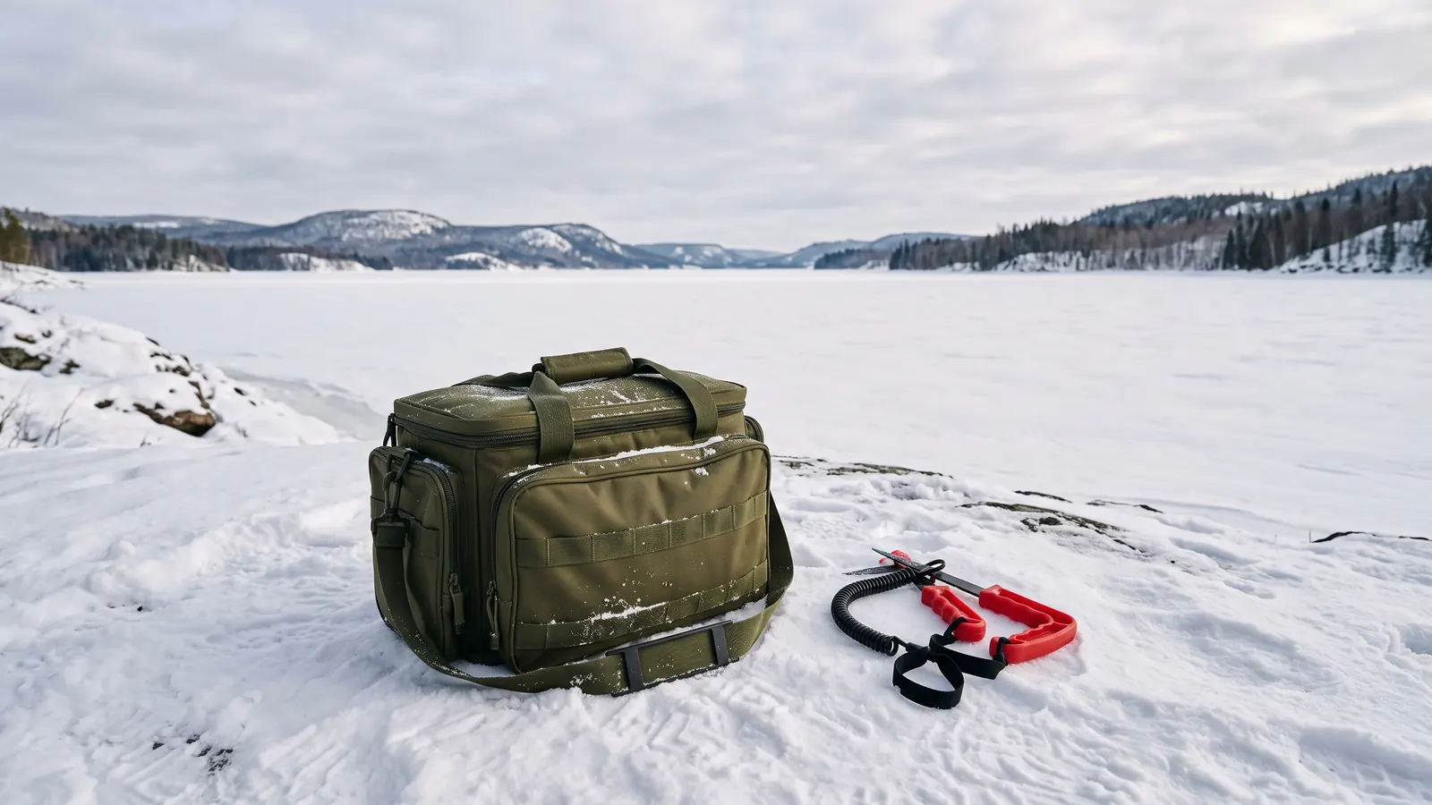 Ice fishing bag and safety picks on a snowy bank