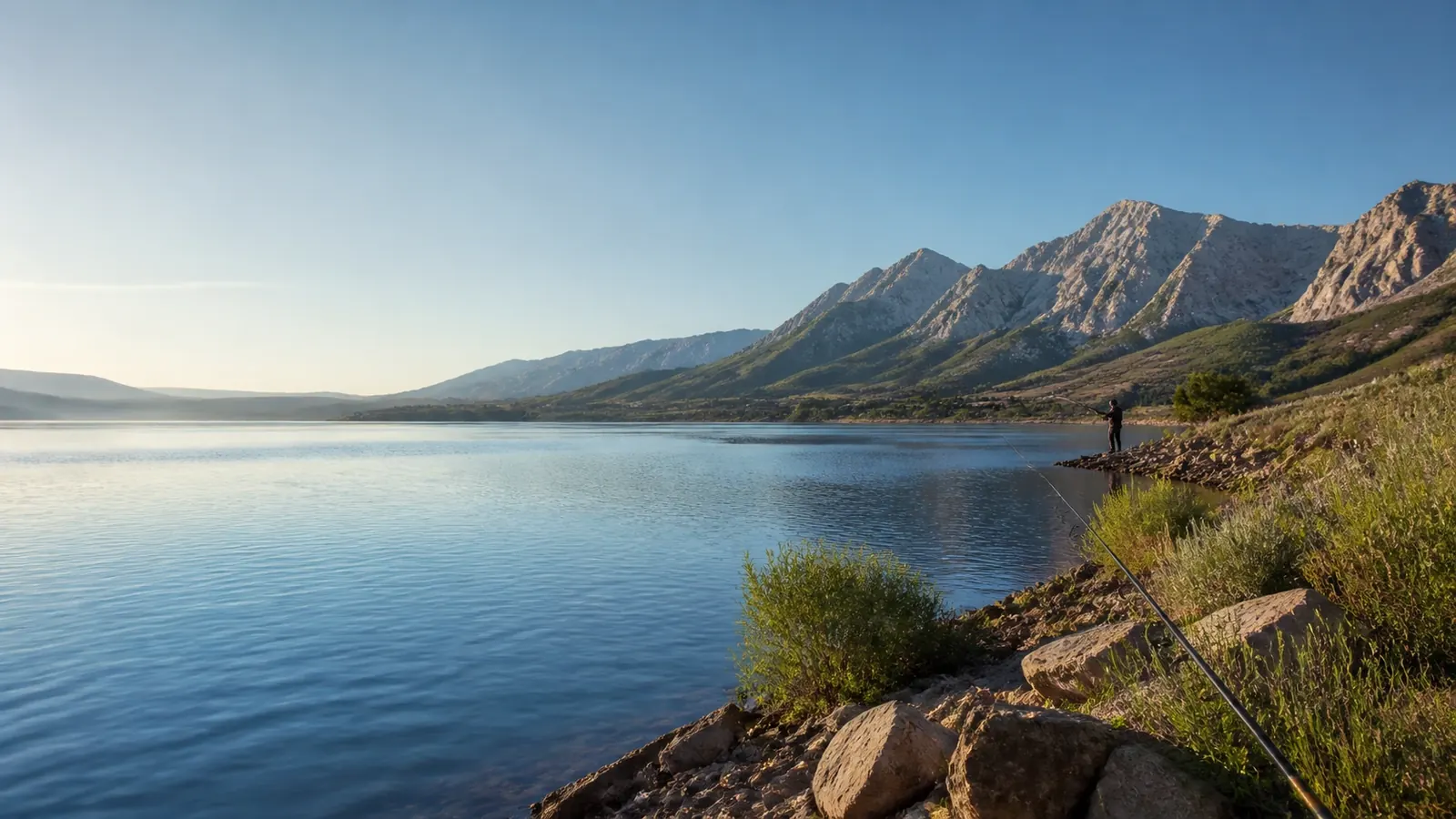 Reservoir shoreline with rocky hills in morning light