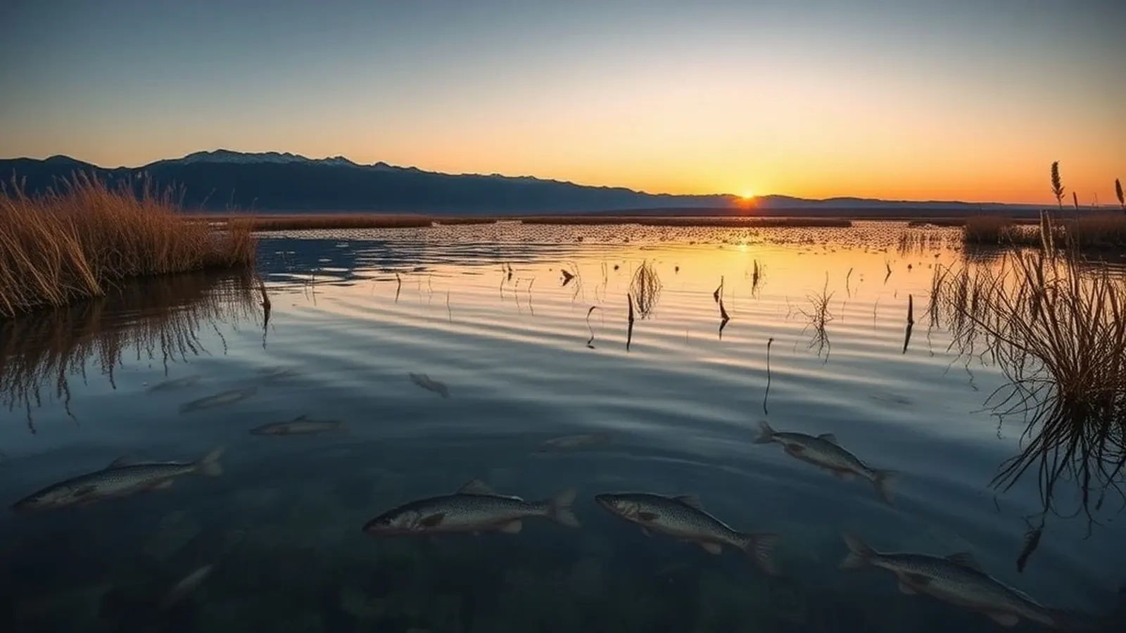 Wetland reeds and shallow lake water at sunset