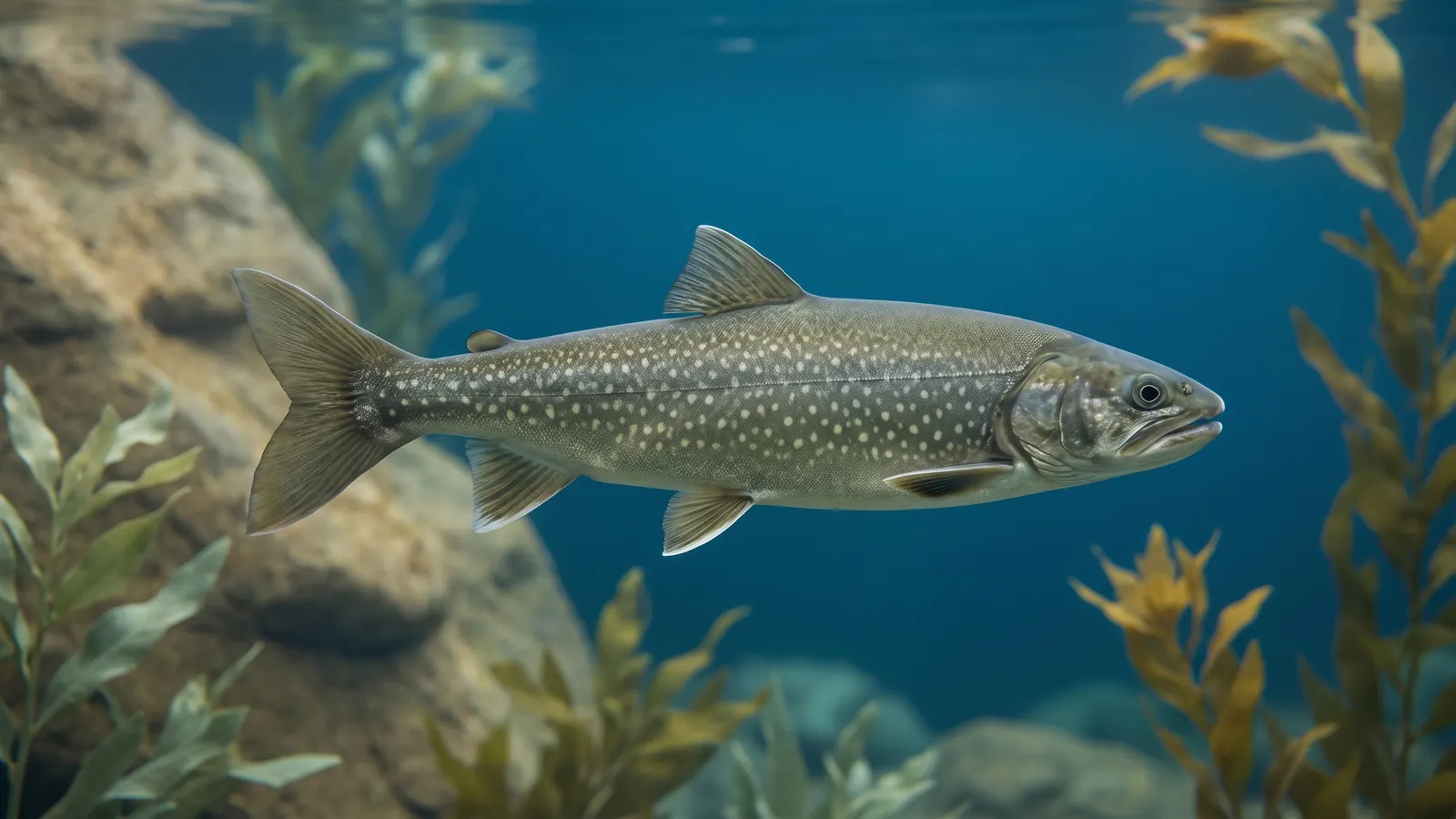 Lake trout with pale spots swimming above a rocky bottom