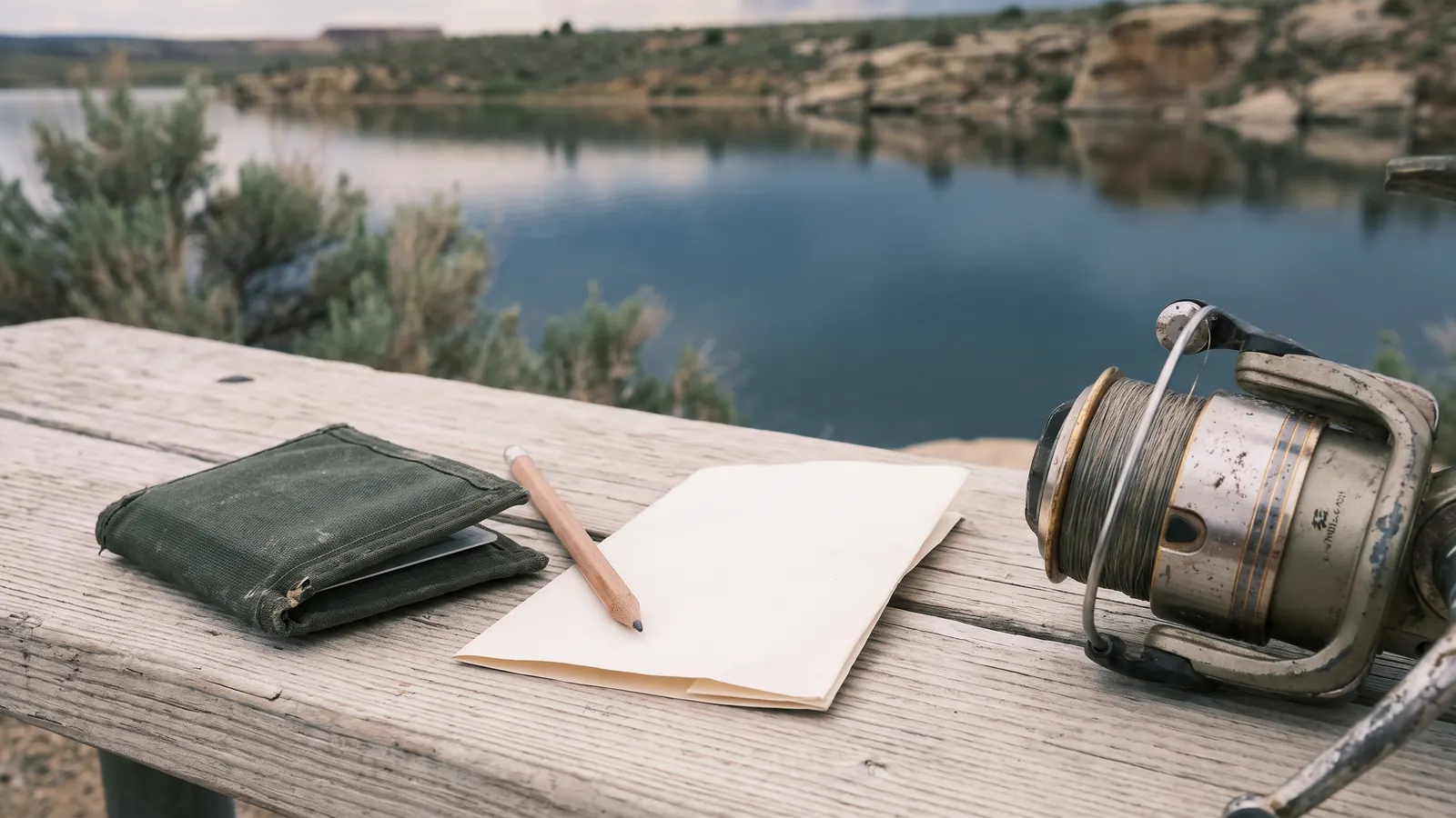 Fishing document wallet and spinning reel on a wooden bench