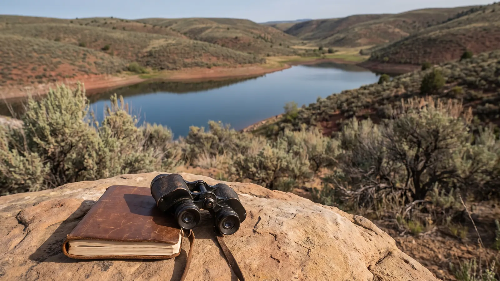 Field notebook and binoculars overlooking a low-water reservoir