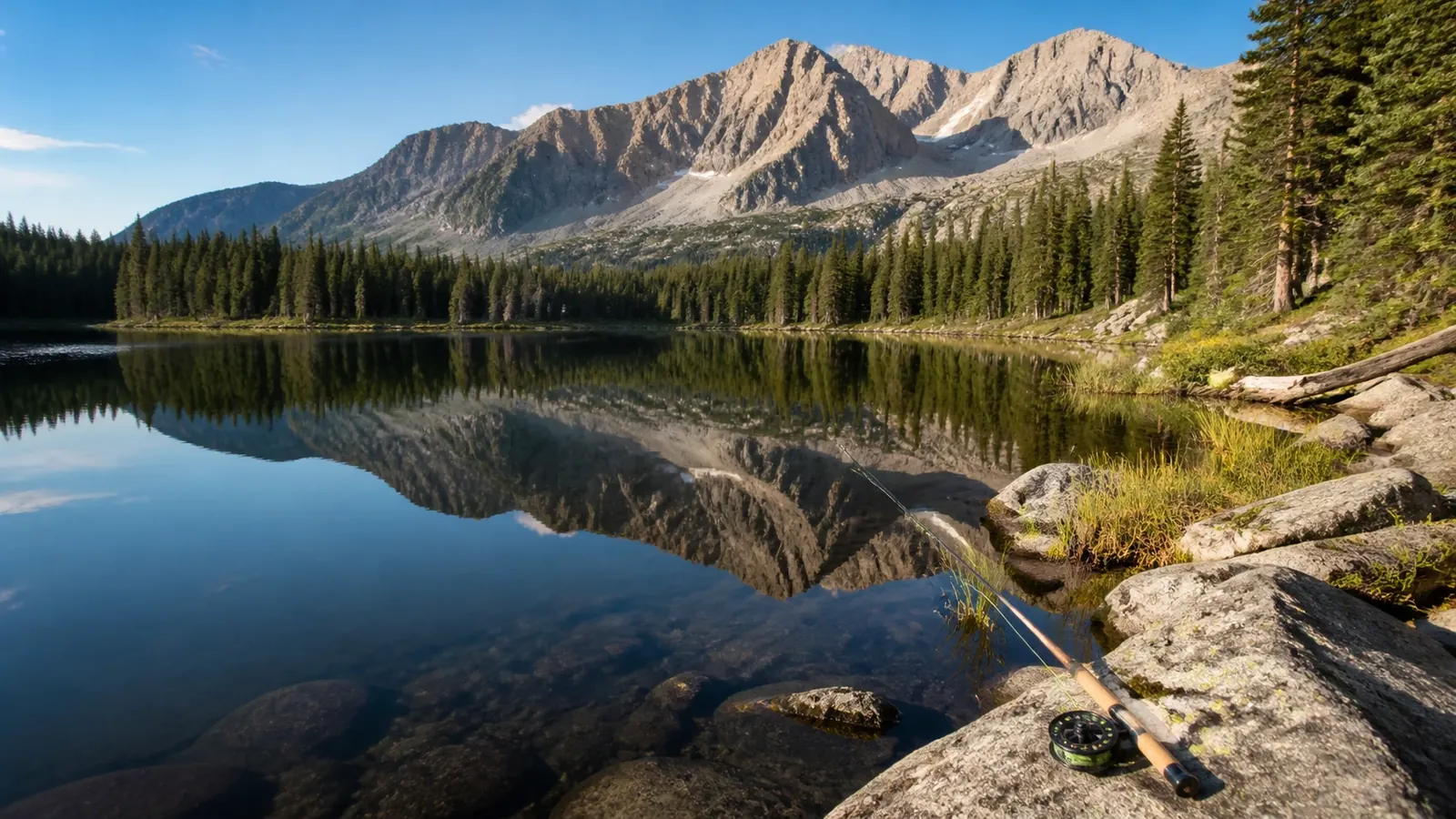 Rocky alpine lakeshore and forest reflected in calm water