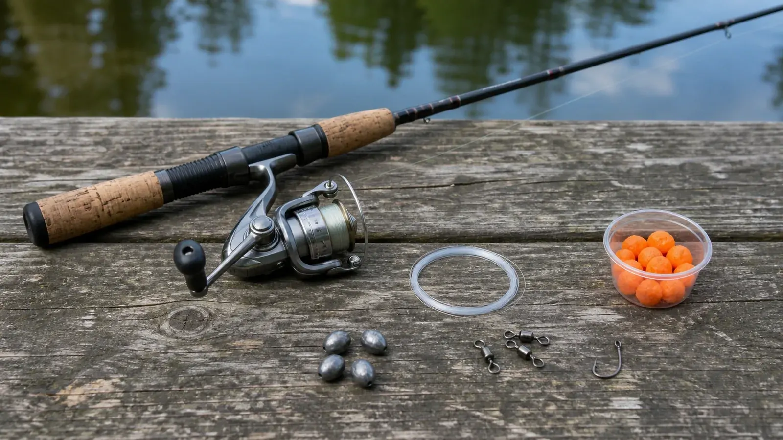 Spinning rod, leader, sinkers and orange dough bait on a wooden bench
