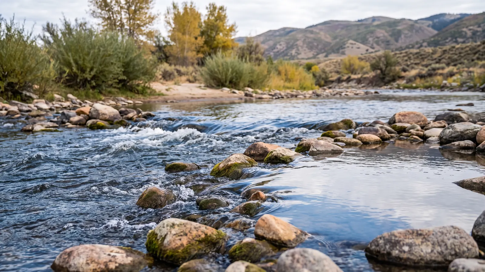 Riffles and a slower current seam in a willow-lined river