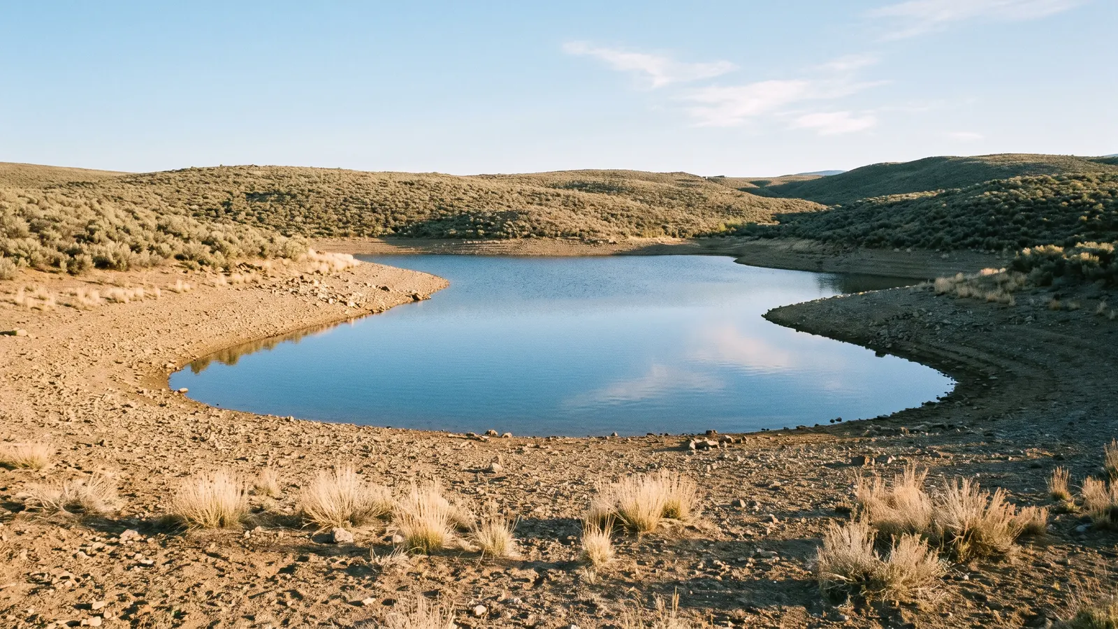Quiet reservoir bordered by dry sagebrush hills