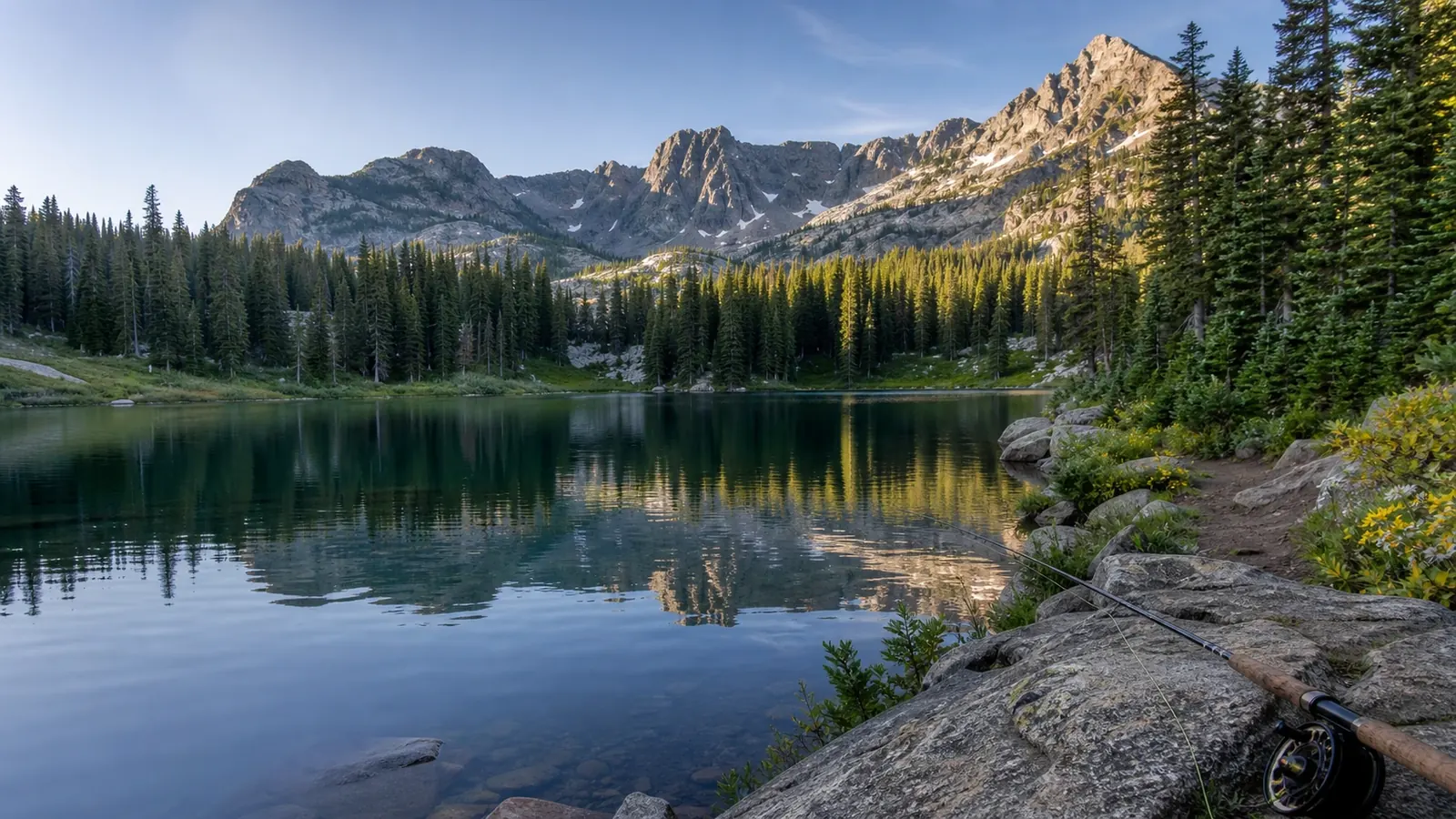 Still mountain lake bordered by evergreen trees