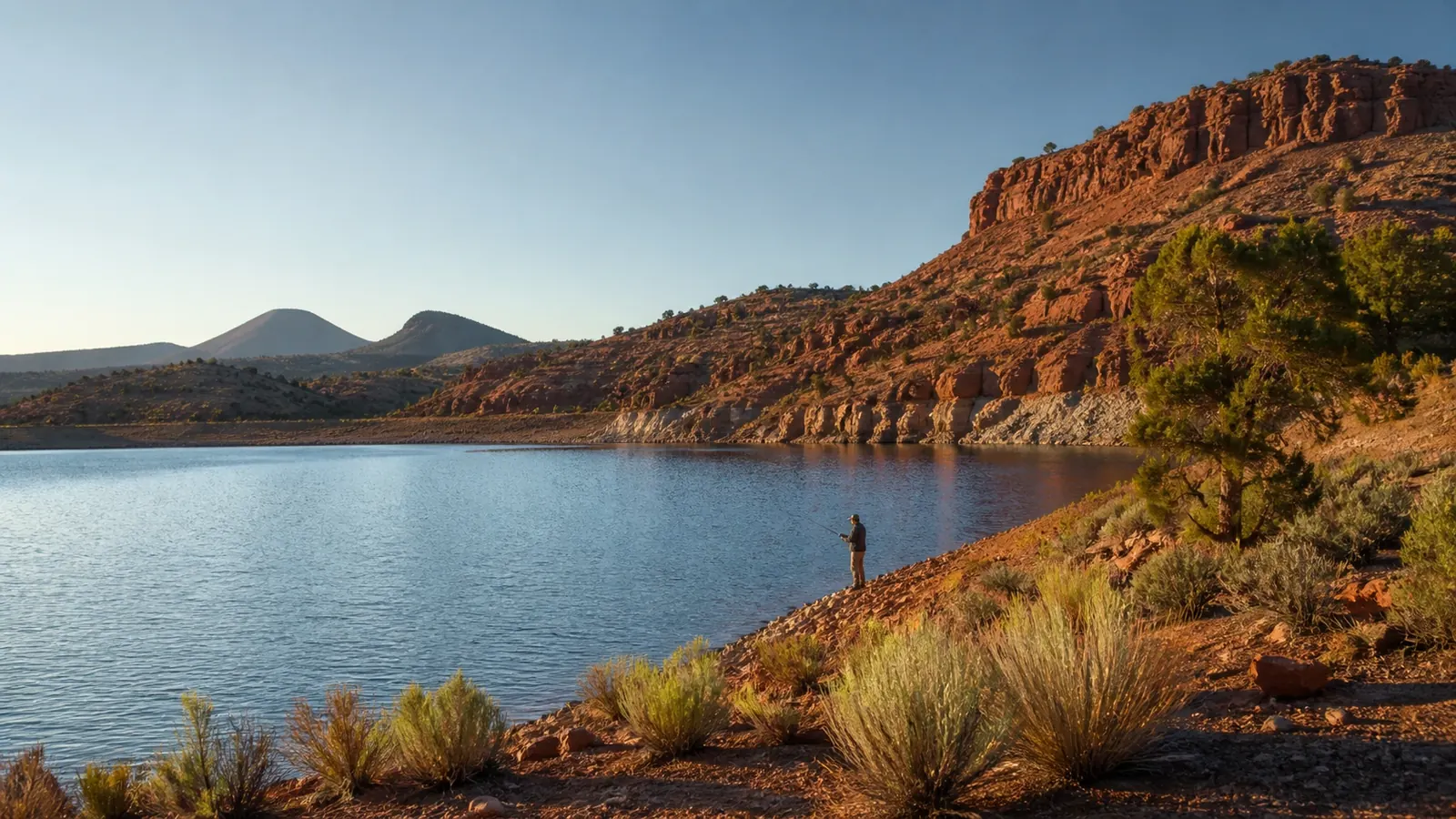 Blue reservoir beneath red desert cliffs