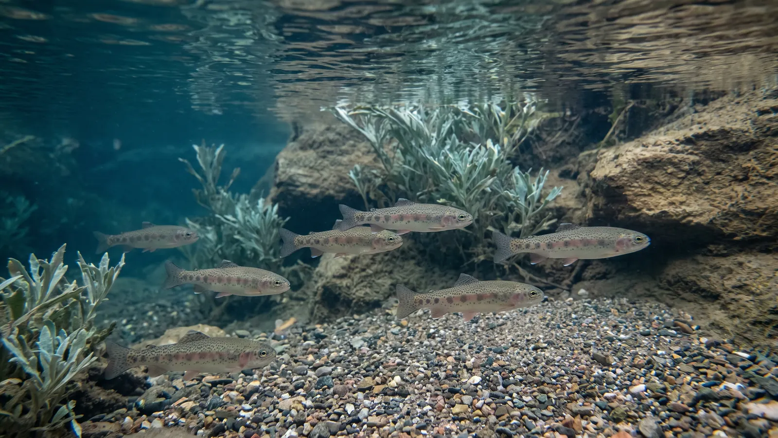 Illustration of young rainbow trout swimming in clear freshwater