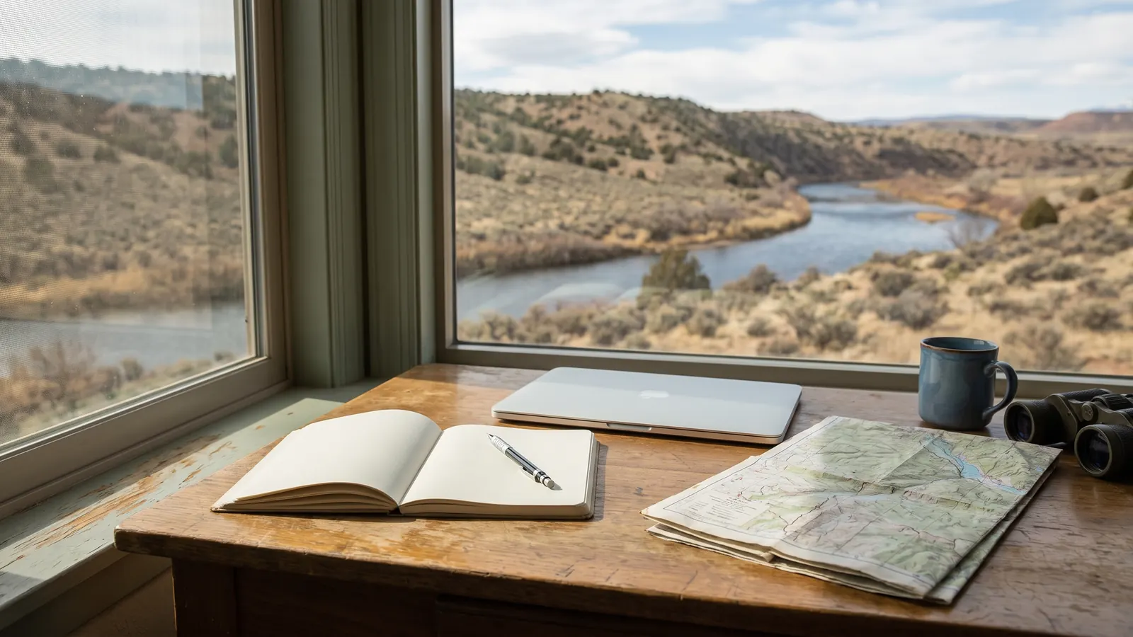 Notebook, folded map and laptop beside a window