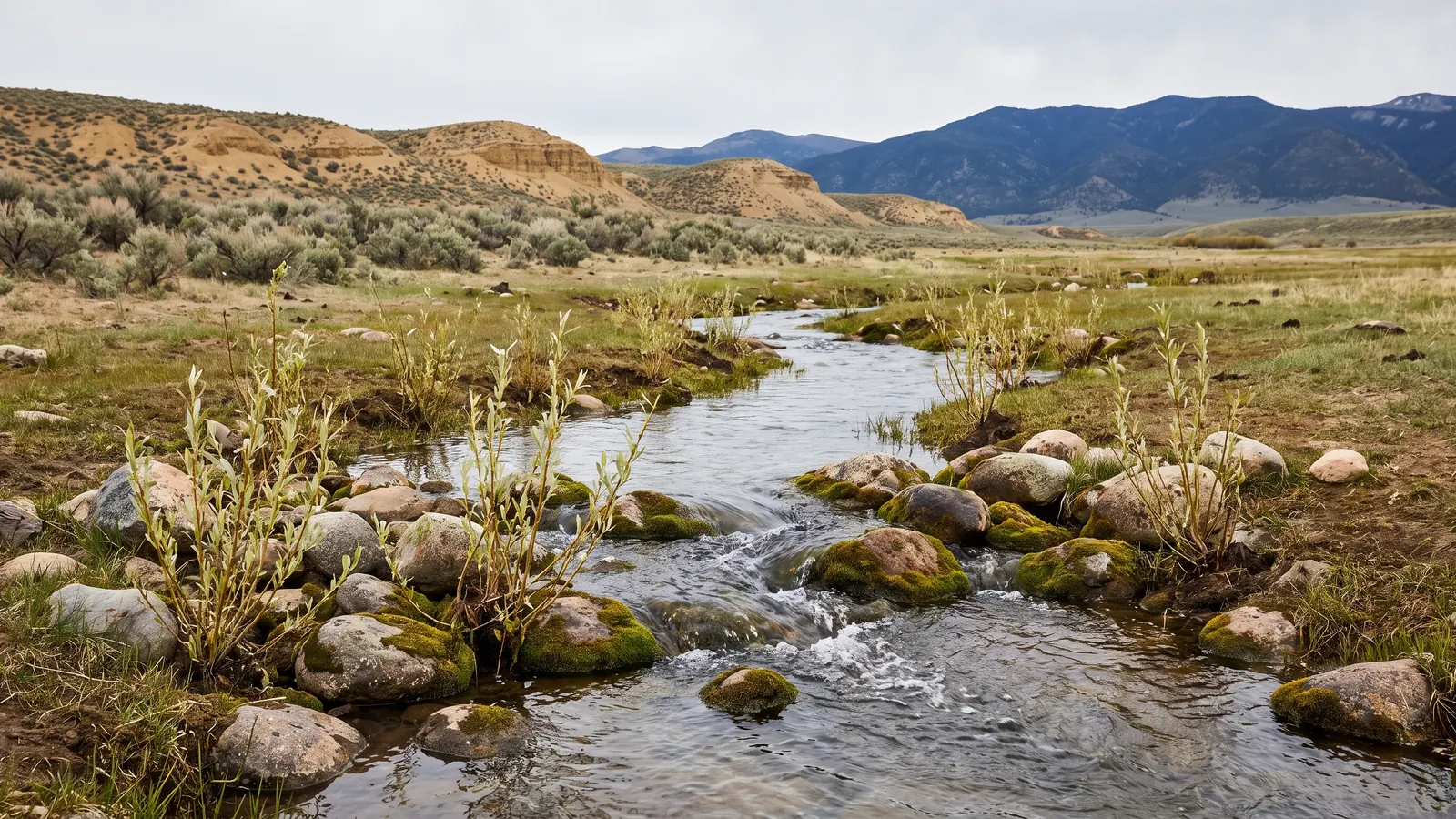 Young willows and rounded stones along a clear stream