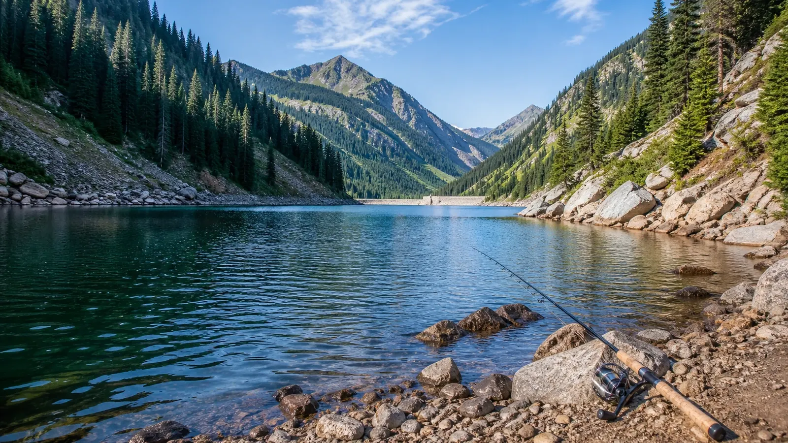 Clear mountain reservoir beneath forested slopes