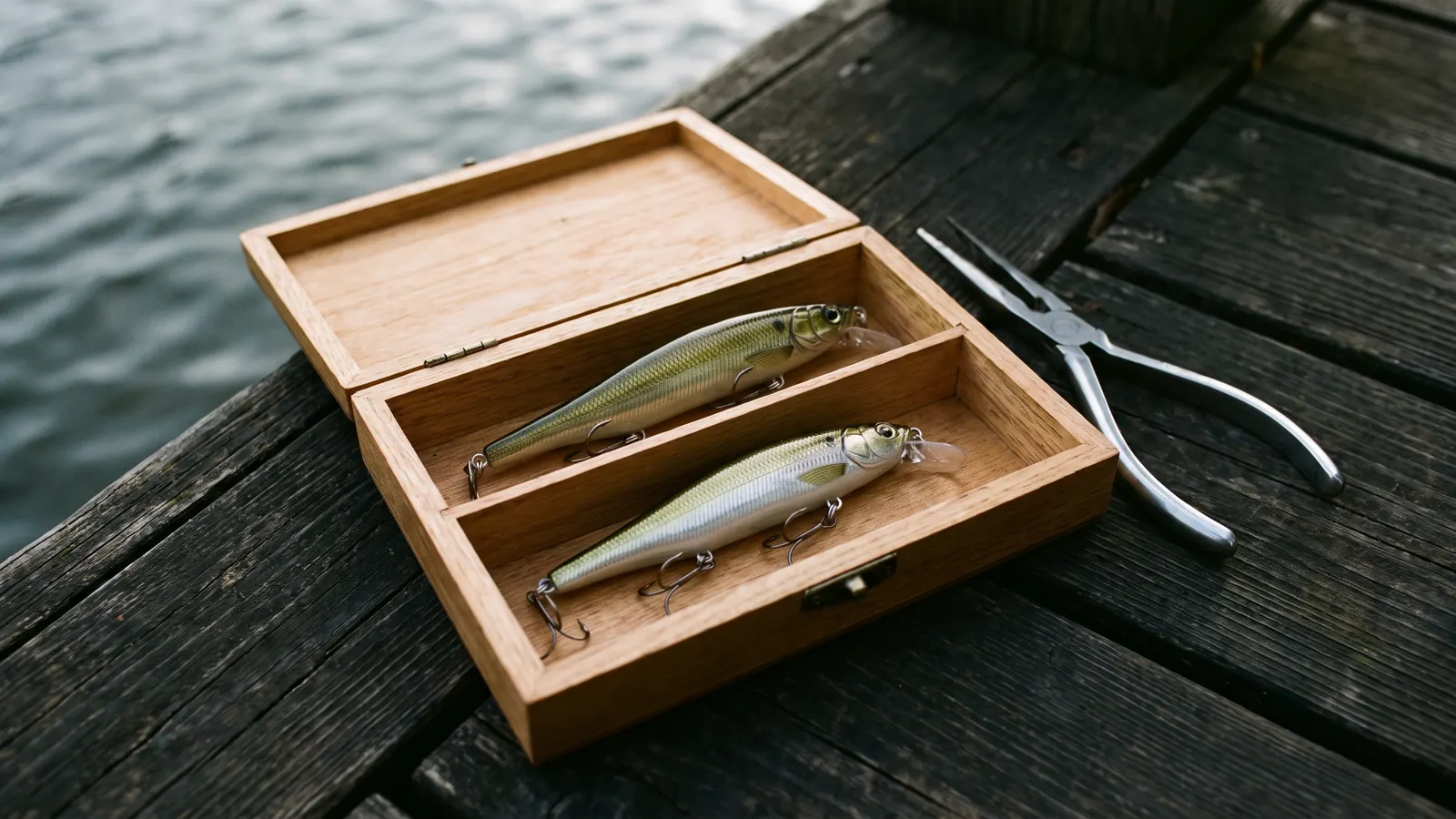 Large minnow-shaped lures and long pliers in a tackle tray