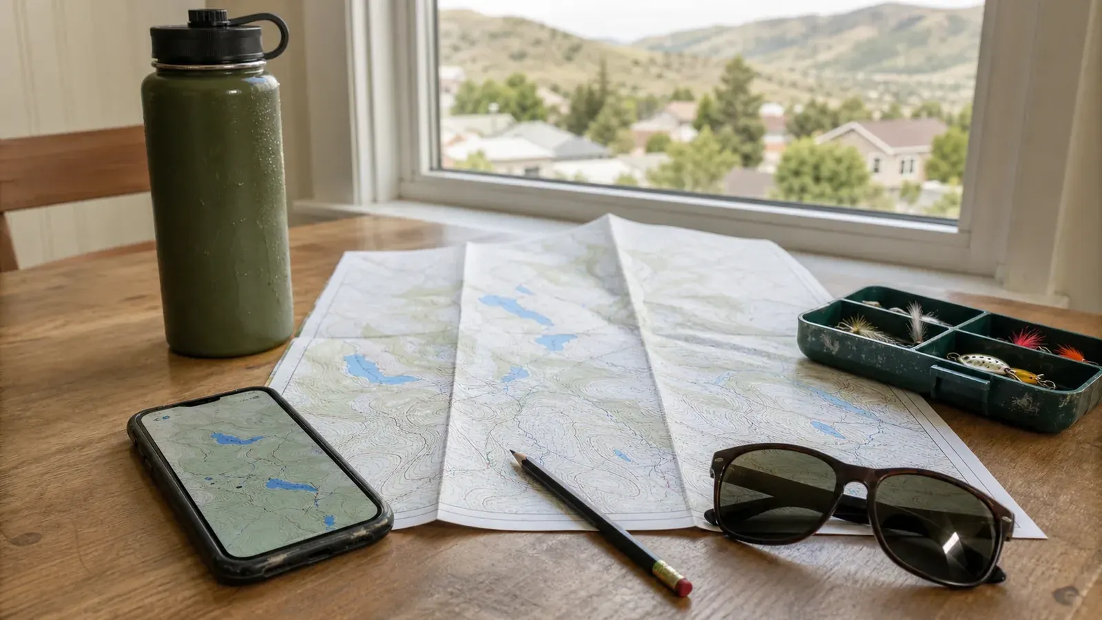 Phone, map and tackle tray arranged beside a window for trip planning