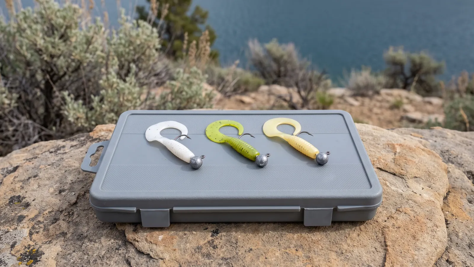 White and chartreuse curly-tail jigs in a tackle tray