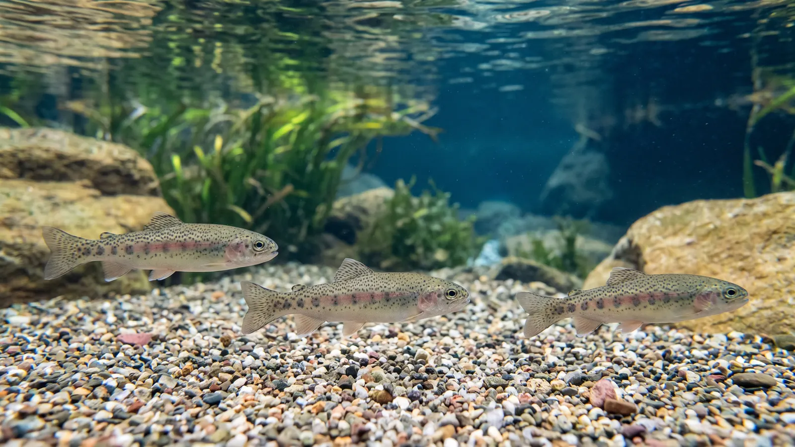 Three rainbow trout swimming above a gravel bottom