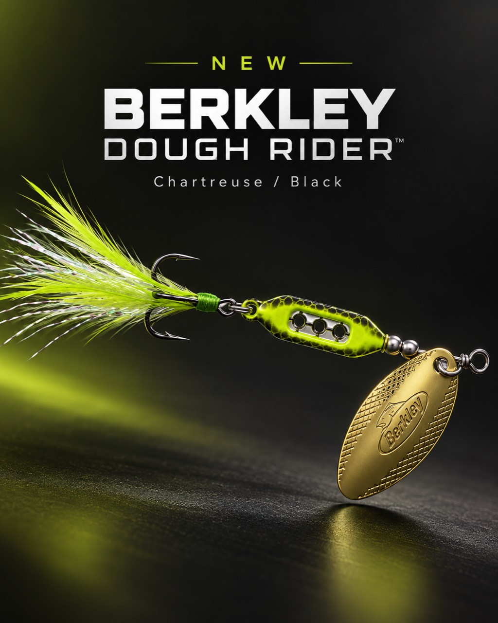 Berkley Dough Rider in Chartreuse/Black, with a gold spinner blade and bright dressed hook, on our dark spotlight artwork