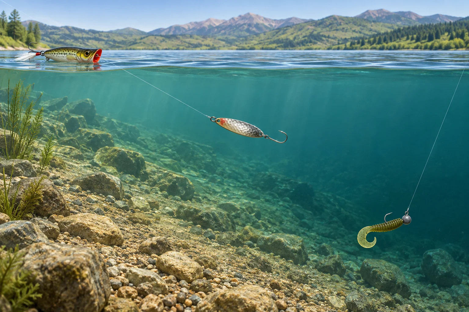 Illustration of a popper at the surface, a spoon in midwater and a jig deeper along a sloping lakebed
