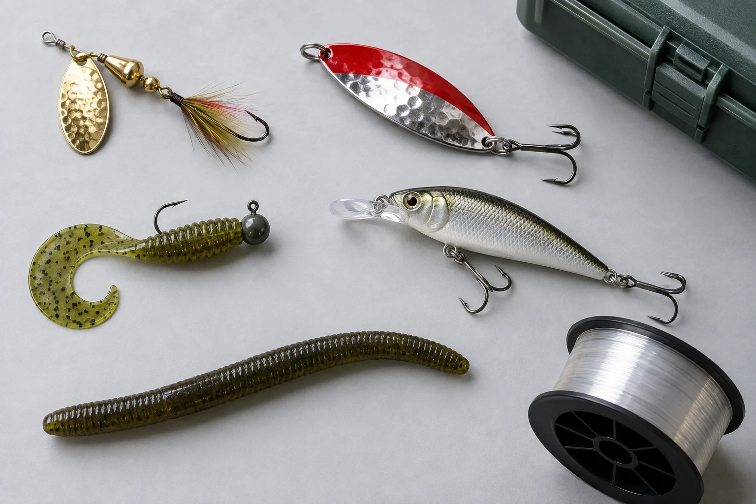 Illustrative selection of a spinner, spoon, soft plastics and minnow lure beside fishing line