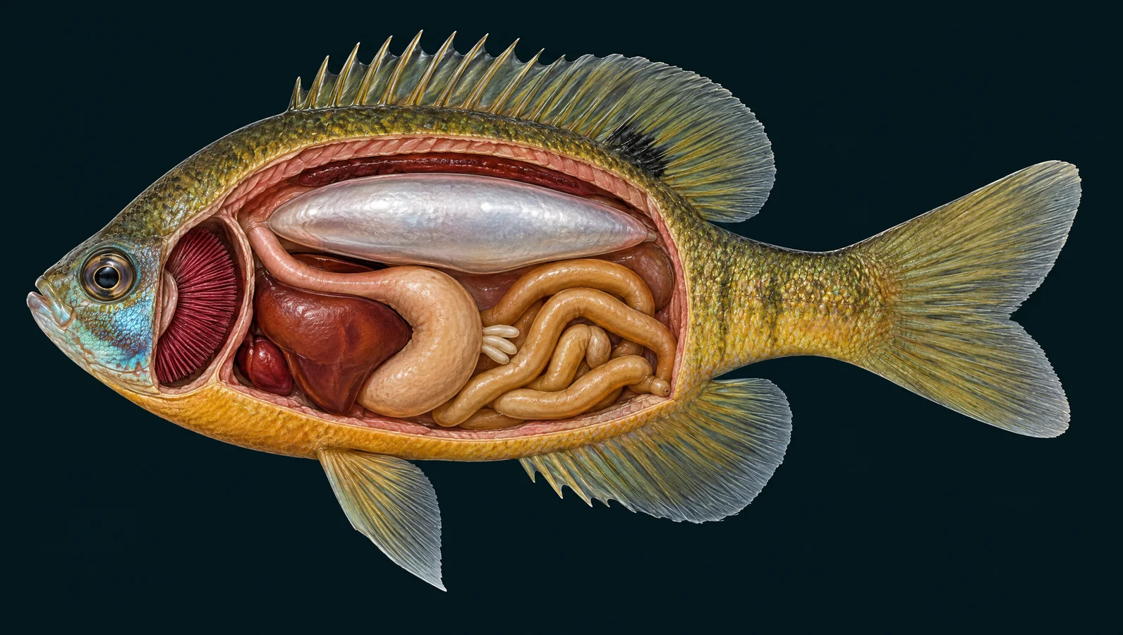 Simplified bluegill organ cutaway showing the gills, swim bladder and digestive tract.