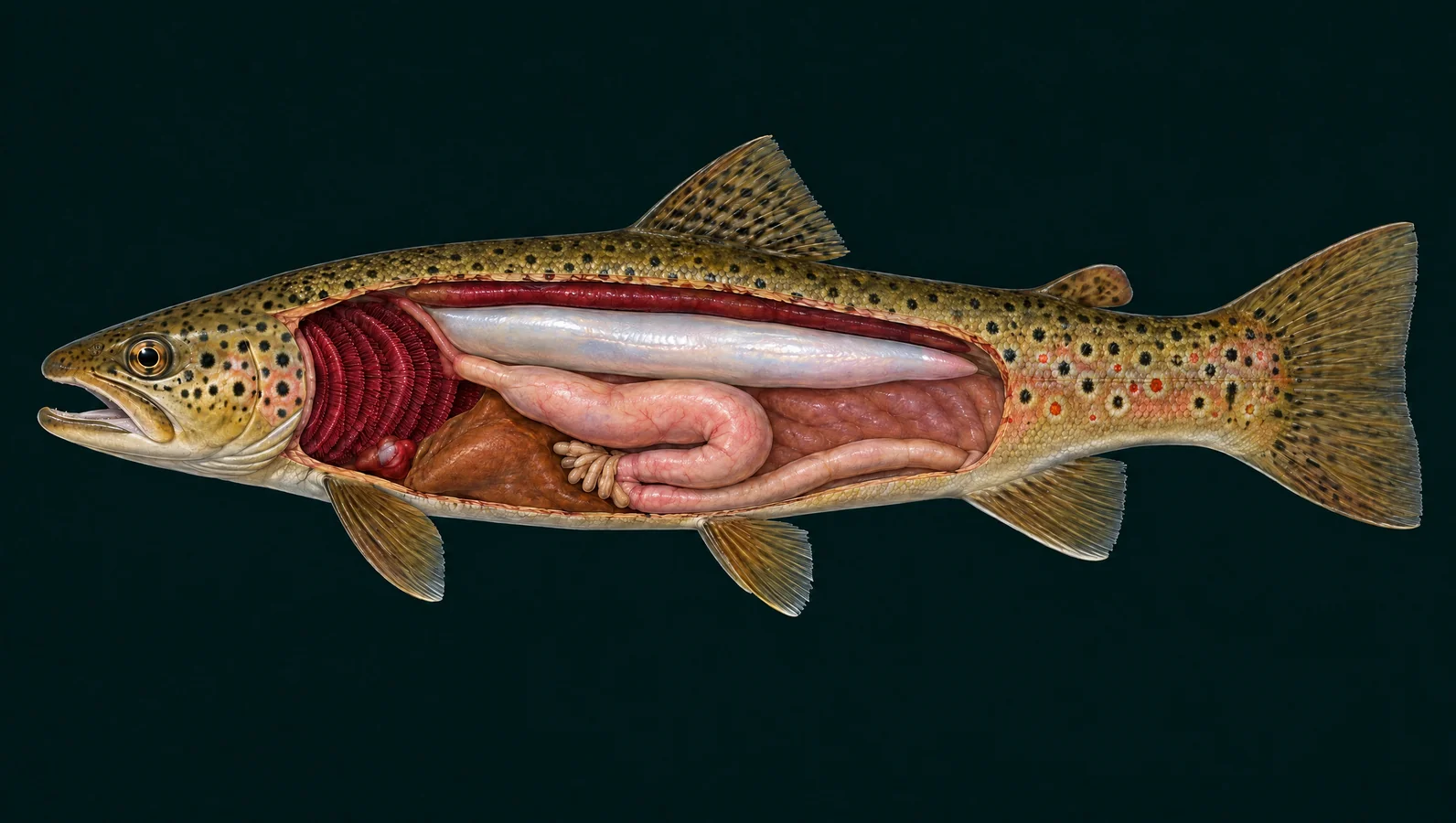 Simplified brown trout organ cutaway showing the gills, swim bladder and digestive tract.