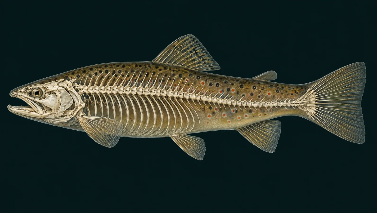 Simplified brown trout skeletal regions showing the skull, spine, ribs and fin supports.