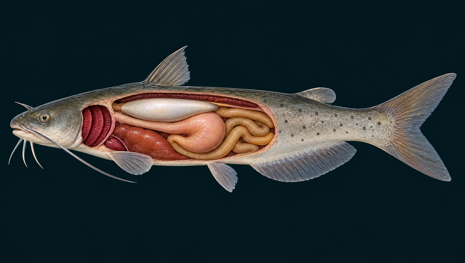 Simplified channel catfish organ cutaway showing the gills, swim bladder and digestive tract.