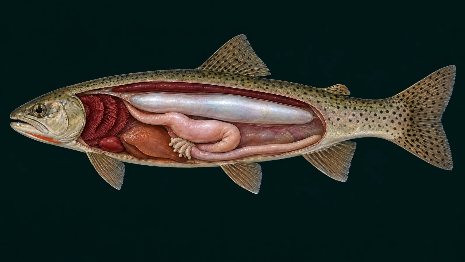 Simplified cutthroat trout organ cutaway showing the gills, swim bladder and digestive tract.