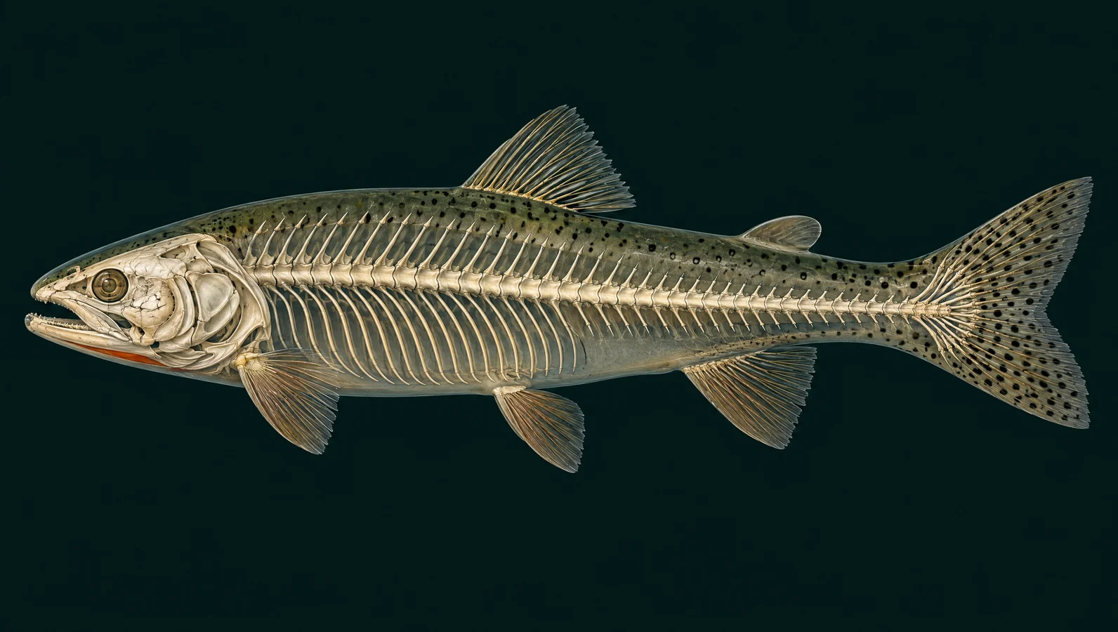 Simplified cutthroat trout skeletal regions showing the skull, spine, ribs and fin supports.