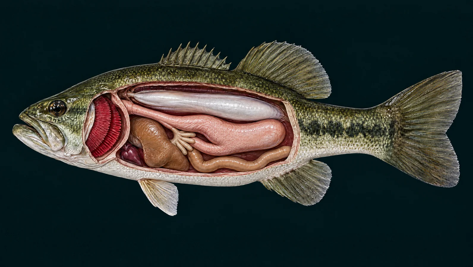 Simplified largemouth bass organ cutaway showing the gills, swim bladder and digestive tract.