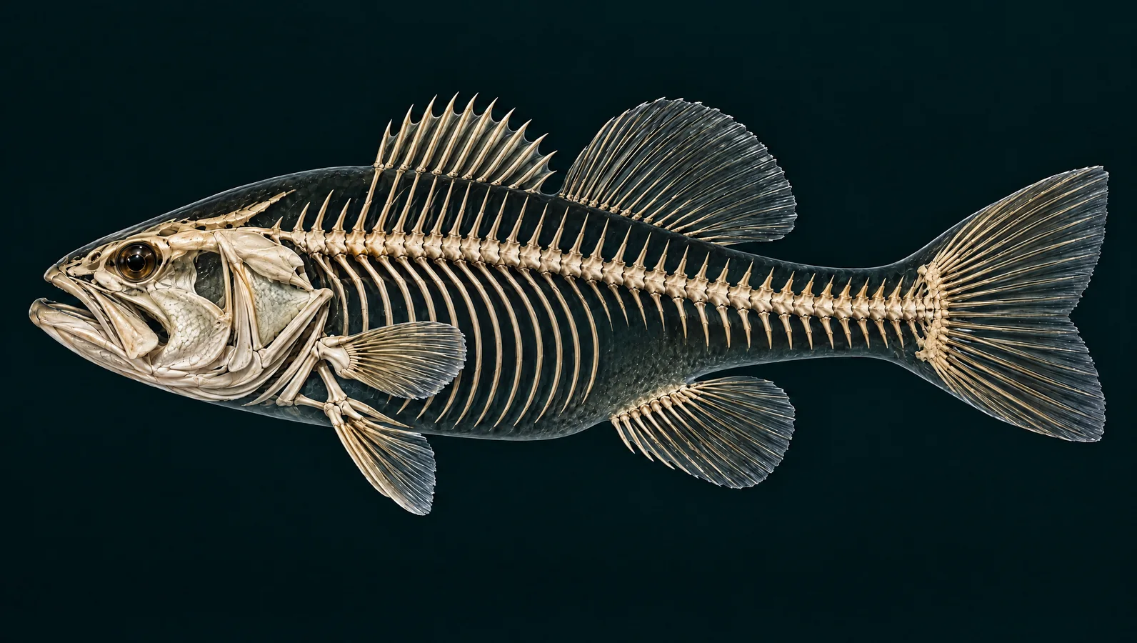 Simplified largemouth bass skeletal regions showing the skull, spine, ribs and fin supports.