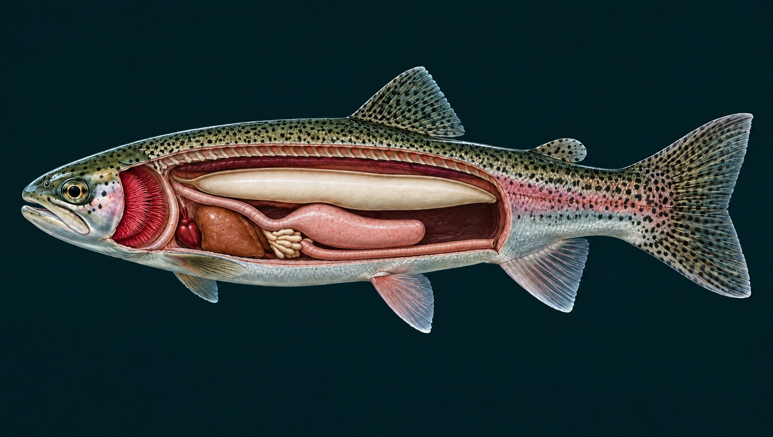 Simplified rainbow trout organ cutaway showing the gills, swim bladder and digestive tract.