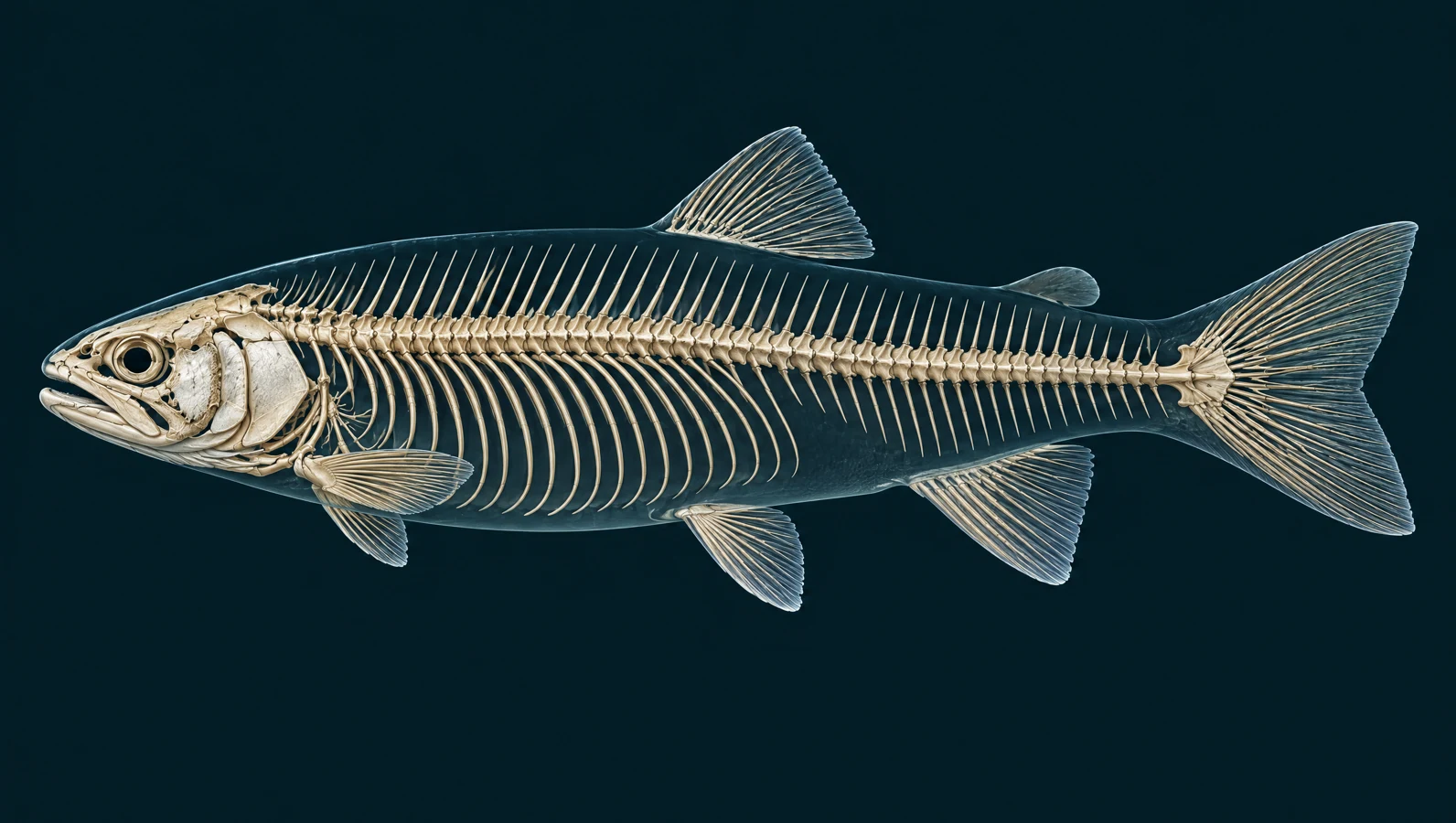 Simplified rainbow trout skeletal regions showing the skull, spine, ribs and fin supports.