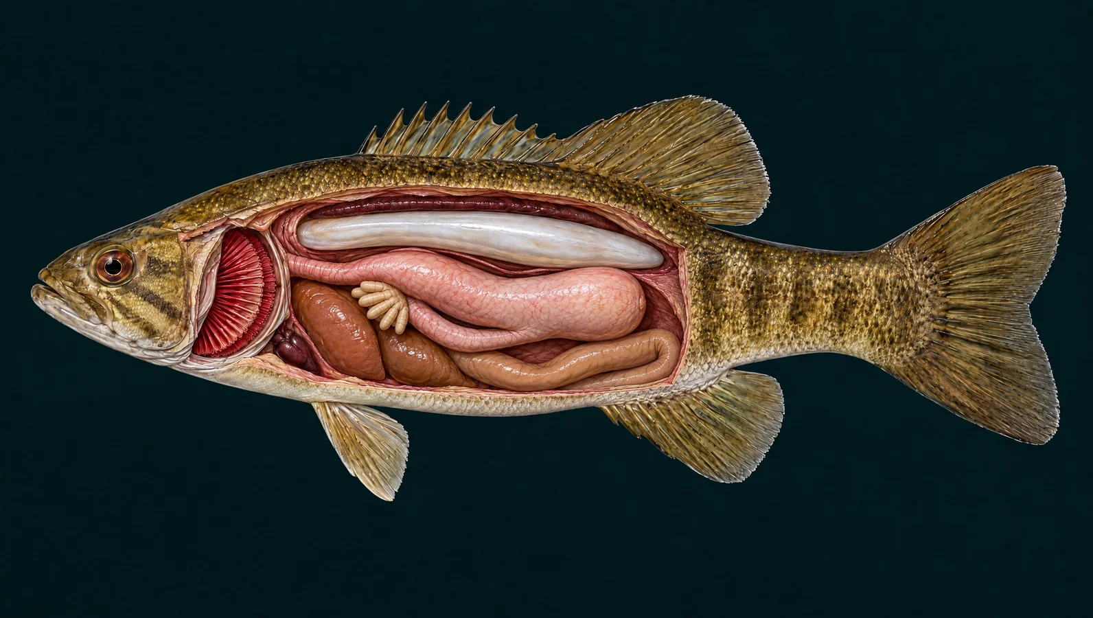 Simplified smallmouth bass organ cutaway showing the gills, swim bladder and digestive tract.