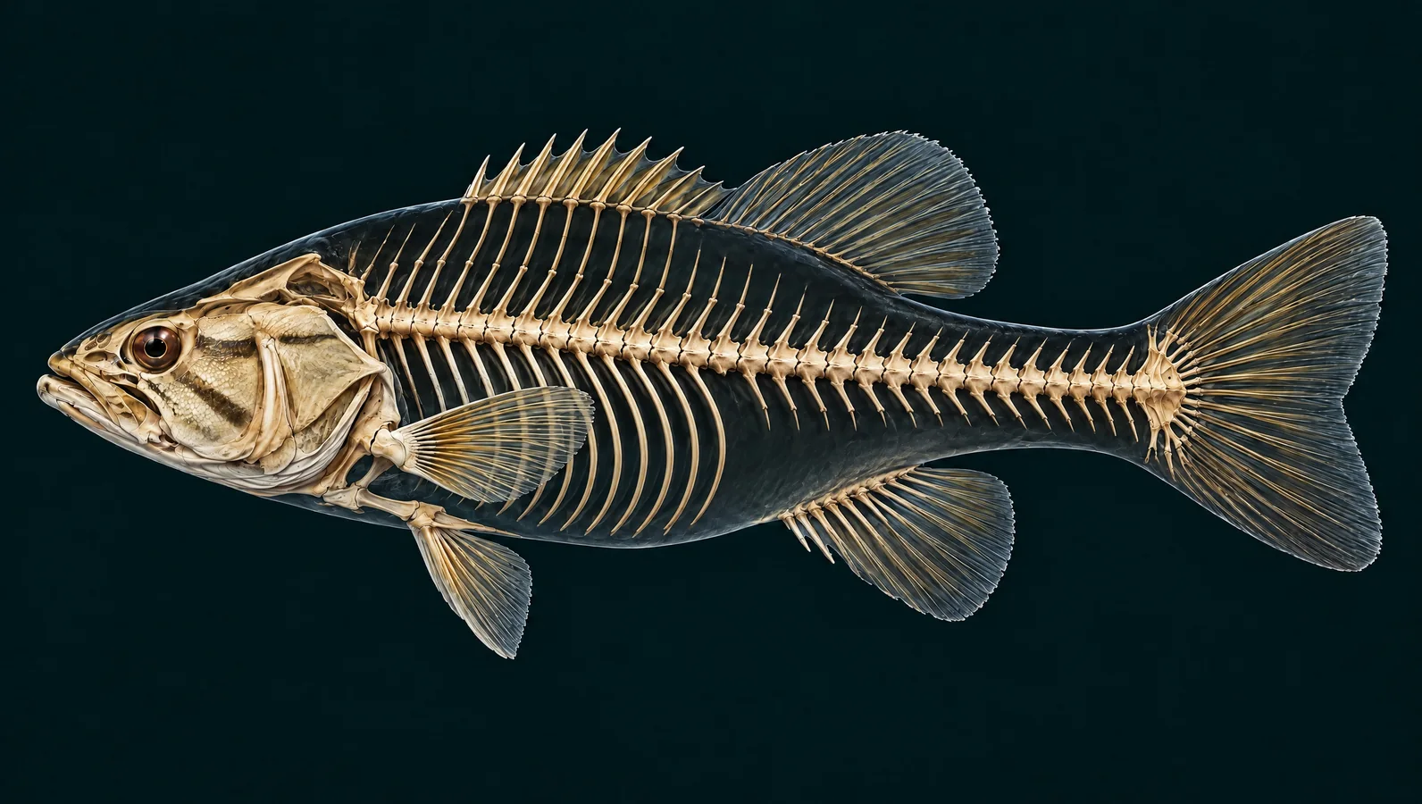 Simplified smallmouth bass skeletal regions showing the skull, spine, ribs and fin supports.